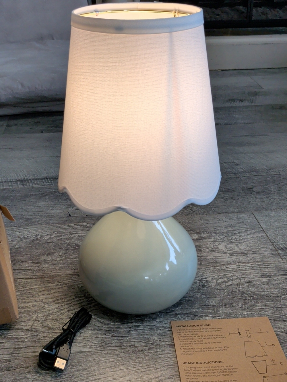 Scalloped White Shade Table Lamp with Glossy Pale Green Base